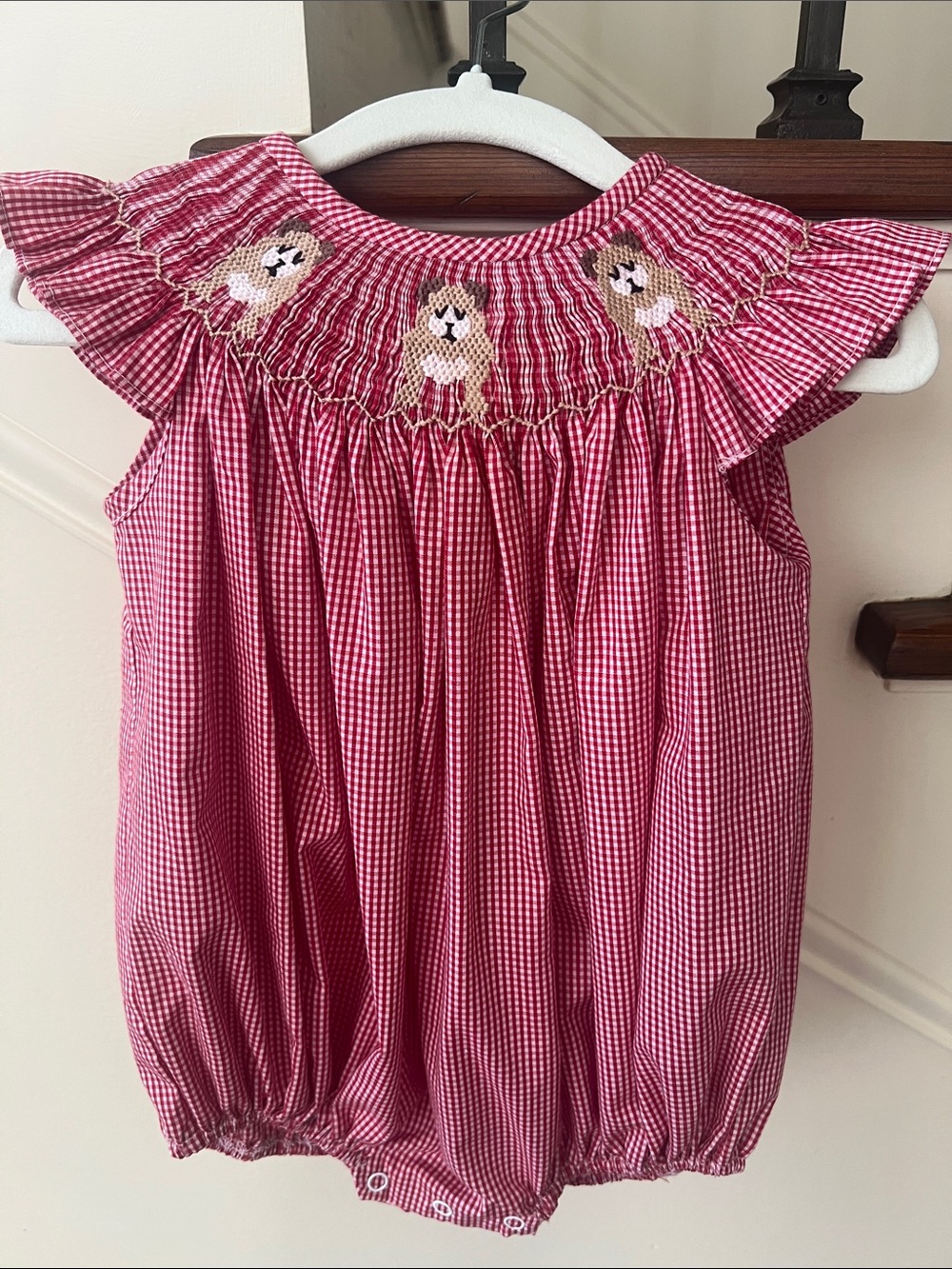 Gingham Smocked Bulldog Baby Girl Bubble - Maroon Dark Red